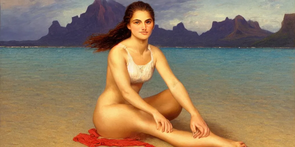 Image similar to portrait of French female model Myrtille Revemont on the beach in Moorea, ((on a breezy afternoon)), at the sunset, very detailed, smooth, art by William Buguereau