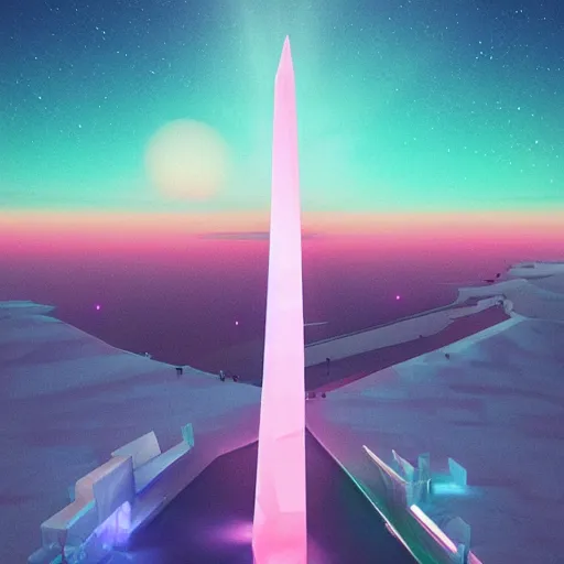 Prompt: a beautiful matte painting of colorful giant glowing crystal obelisks in serene landscape by beeple, featured on Artstation, digital art, rectilinear