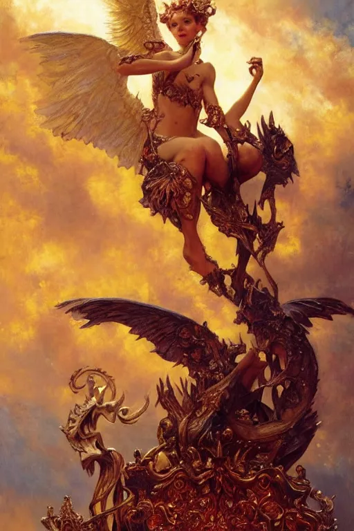 Image similar to full body portrait of harpie queen astride her throne, highly detailed painting by gaston bussiere, craig mullins, j. c. leyendecker, 8 k, mid shot