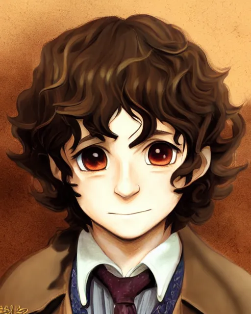 Image similar to portrait Anime joyful Hobbit Frodo Baggins; velvet brown jacket, backpack, Shire background || cute-fine-face, pretty face, realistic shaded Perfect face, fine details. Anime. realistic shaded lighting by brom