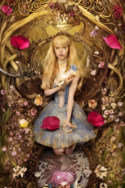 Prompt: poster of Alice in wonderland, Dark Souls 3 themed, surrounded by falling hearts and flower petals, insanely detailed and intricate, golden ratio, elegant, ornate, luxury, elite, ominous, haunting, matte painting, cinematic, cgsociety, James jean, Brian froud, ross tran, Laputa