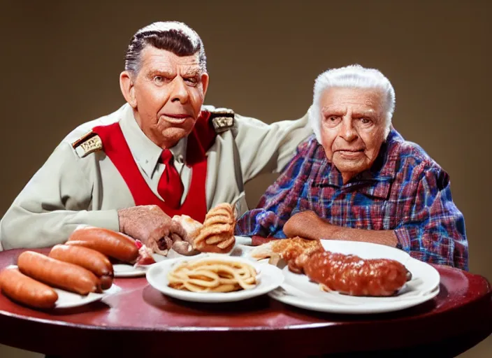 Prompt: photo still of andy griffith as matlock at shoneys!!!!!!!! at age 7 6 years old 7 6 years of age!!!!!!!! enjoying sausage, 8 k, 8 5 mm f 1. 8, studio lighting, rim light, right side key light