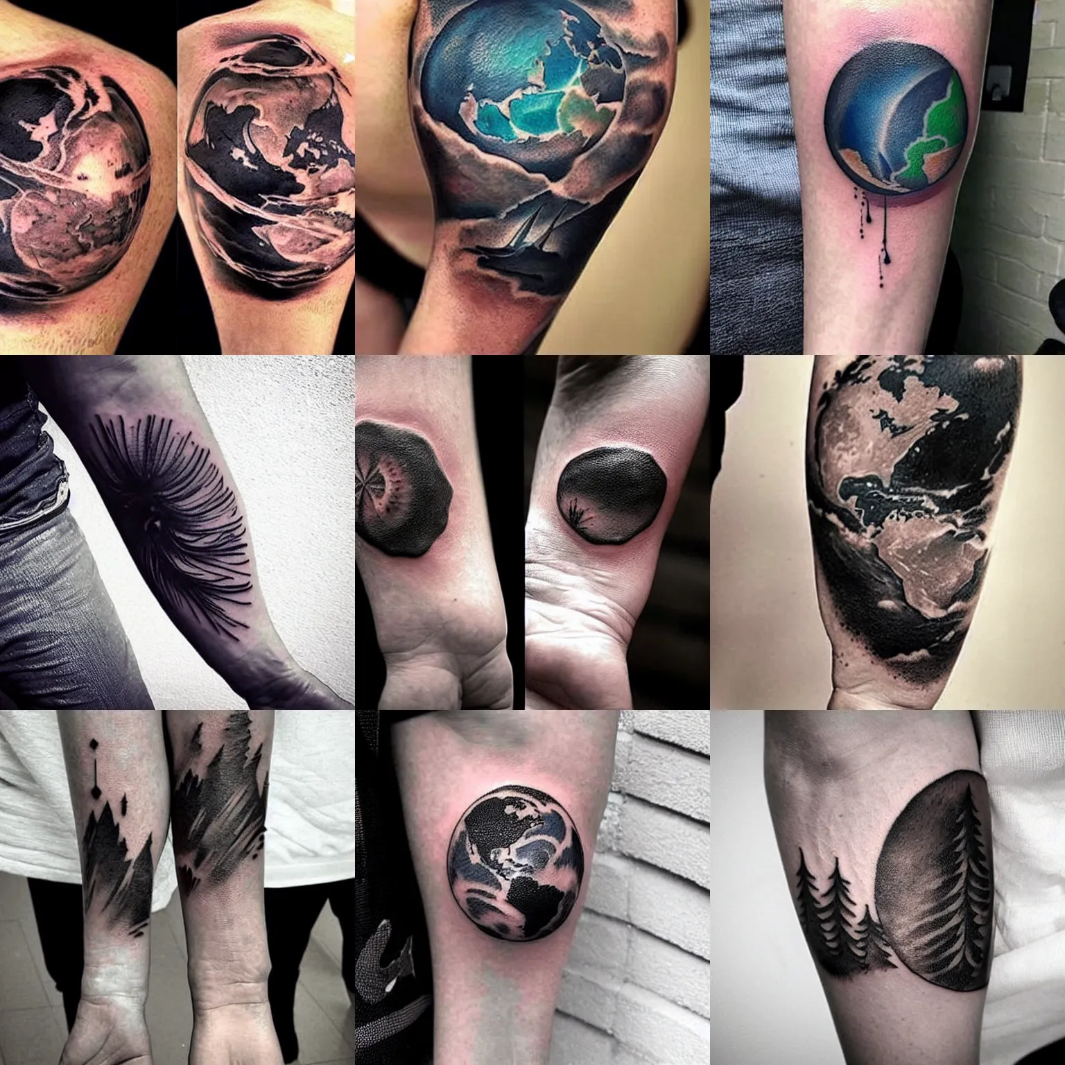 Prompt: one small black tattoo of two colliding worlds, whole tattoo, realistic, very detailed