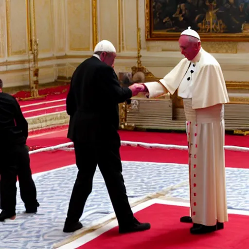 Prompt: the queen of england viciously attacks the pope in a boxing ring