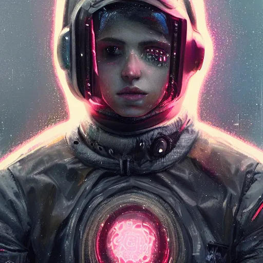 Image similar to detailed portrait of a skilled magic deepdream guardian boy cyberpunk futuristic, reflective puffer jacket, black leggings from the back radiating a glowing aura by ismail inceoglu dragan bibin hans thoma, perfect face, fine details, realistic shaded, fine - face, pretty face