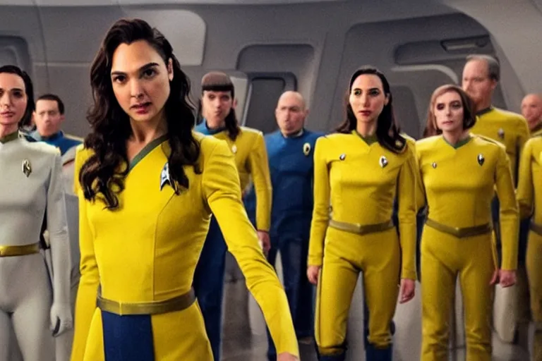 Prompt: Gal Gadot, wearing a yellow uniform, is the captain of the starship Enterprise in the new Star Trek movie