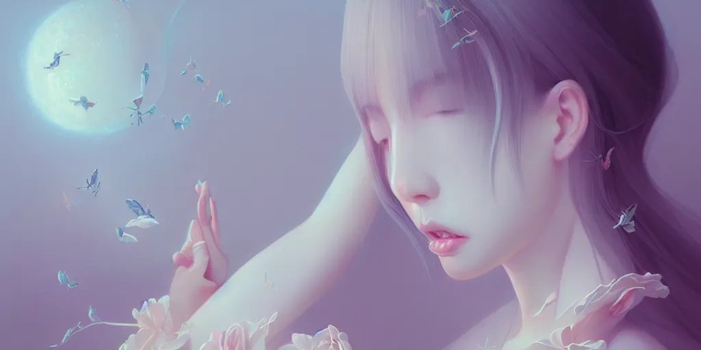 Prompt: breathtaking delicate detailed concept art illustration, by hsiao - ron cheng, bizarre compositions, exquisite detail, pastel colors, ornate background, 8 k