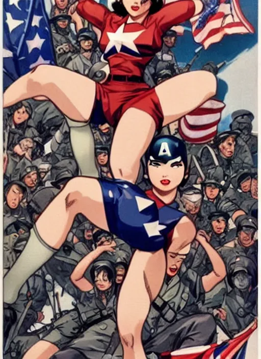 Prompt: asian female captain america standing on a pile of defeated ss soldiers. feminist captain america wins ww 2. american ww 2 propaganda poster by masamune shirow and pixar. gorgeous face. pin up. overwatch.