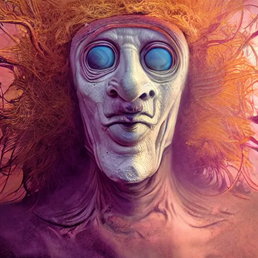 Prompt: full face close up portrait, sandman god of dreams wearing a plague - doctor mask, deliver me cosmic sight, by patrick woodroffe, by igor morski, by laurie lipton, valley of the damned background, cinematic lighting, volumetric lighting, neosurrealism, realistic shadows, sandman, particle effects, rendered in octane, cosmic fantasy