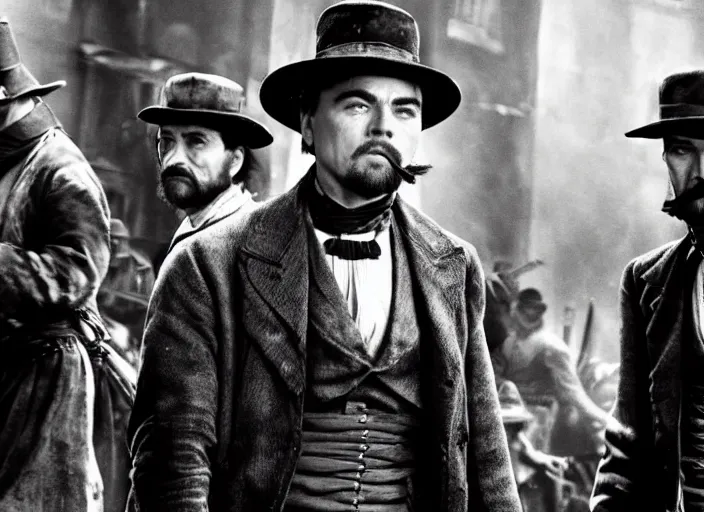 Image similar to an action scene from the movie gangs of new york, medium long shot, leonardo dicaprio and daniel day - lewis, sharp eyes, serious expressions, detailed and symmetric faces, black and white, cinematic, epic,