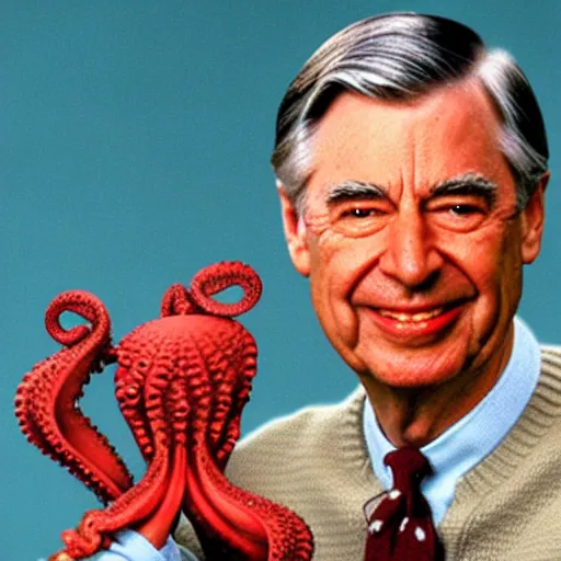 Prompt: mr. rogers proudly displaying a horrific mutated octopus demon that he holds in his hand. 4 k color horror photo.