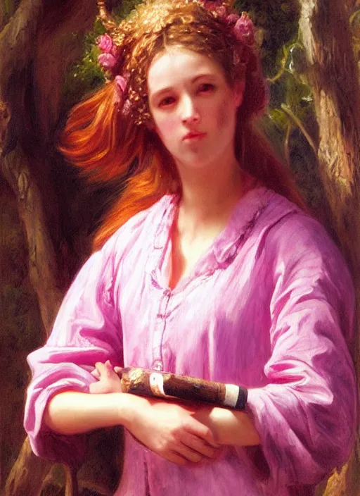 Image similar to full body oil painting of smoking wolf wearing pink shirt, in the style of sophie anderson dramatic painting, high detail, lights