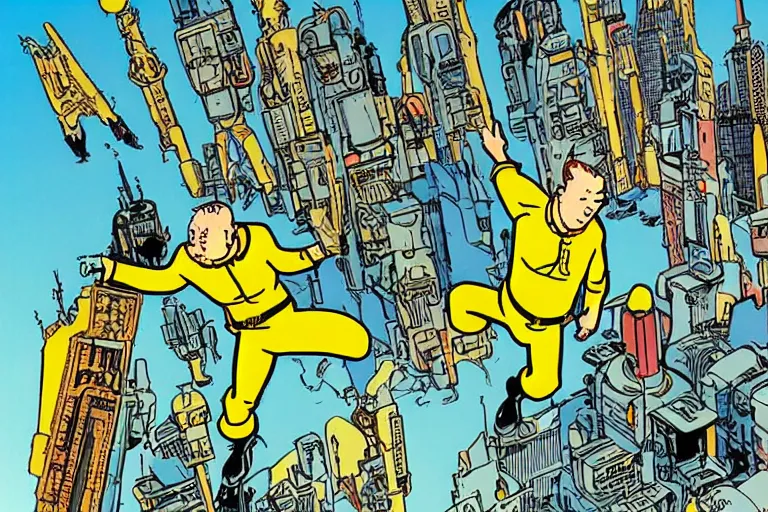 Image similar to sci-fi, futuristic city, cyberpunk, TinTin style! art by Hergé!!