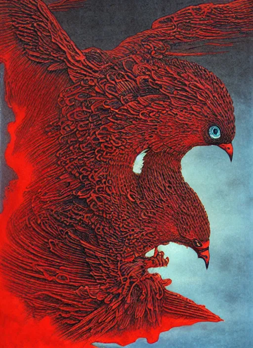 Image similar to a side view of spirit of chthonic demonic pigeon with red eyes, on background red lake on fire, highly detailed, art by Ayami Kojima, Beksinski, Giger