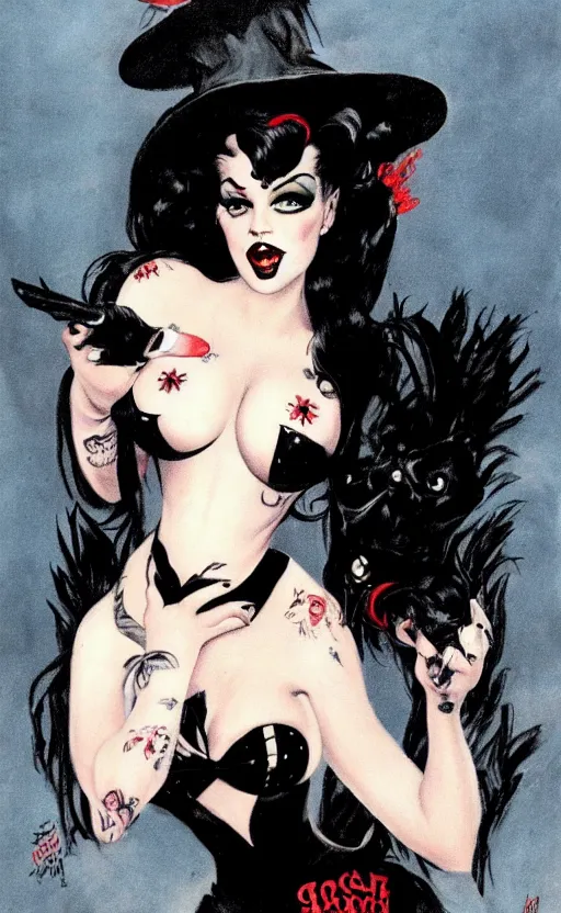 Image similar to of a witch girl burlesque psychobilly, rockabilly, punk, black hair, detailed face, white background, drawing, illustration by frank frazetta