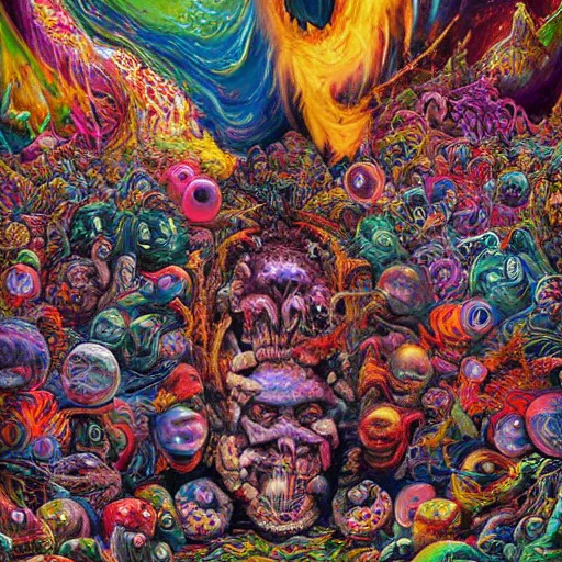 Image similar to a high hyperdetailed painting with complex textures of a group of deformed monsters united within a larger monster, made of candies and psychotropic psychoactive substances cosmic psychedelic fulcolor spiritual chaos surrealism horror bizarre psycho art