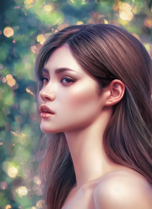 Image similar to photo of a gorgeous female in the style of stefan kostic, realistic, half body shot, sharp focus, 8 k high definition, insanely detailed, intricate, elegant, art by stanley lau and artgerm, extreme bokeh foliage