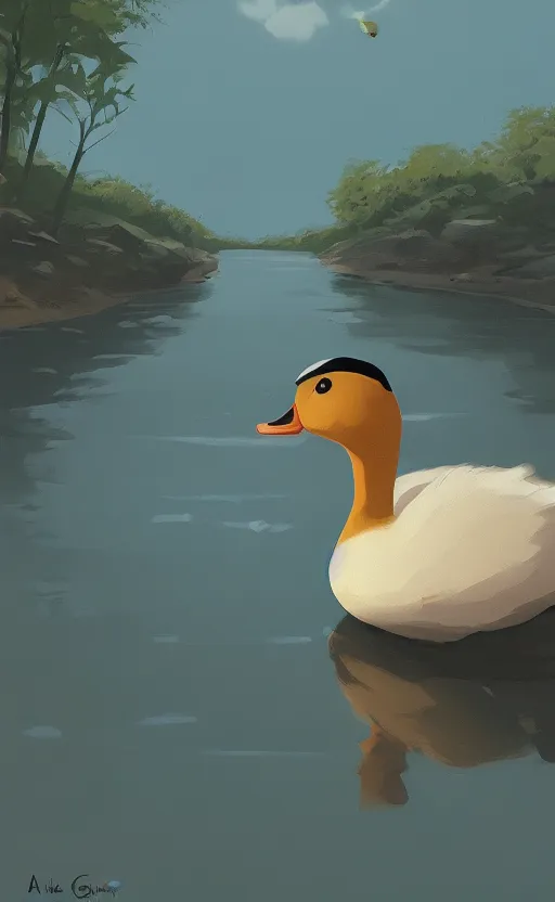 Image similar to a cute duck in a scenic river environment by Atey Ghailan