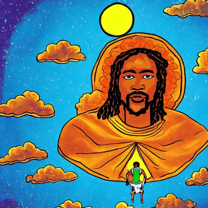 Prompt: UFO hovering over an African Jesus , clouds, colorful, in the style of African bus art,