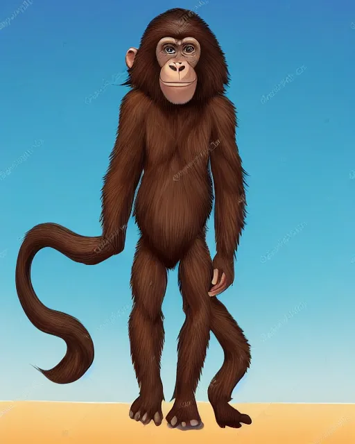 Image similar to a beautiful Ape girl, with long hair and a chimpanzee face, walks a long a beach far in Earth’s future. Her body is covered in fur and she is wearing clothes.