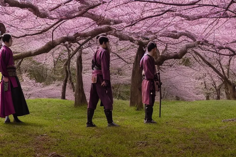 Image similar to vfx movie scene samurai couple stand off blades drawn in cherry blossom forest, natural lighting by emmanuel lubezki