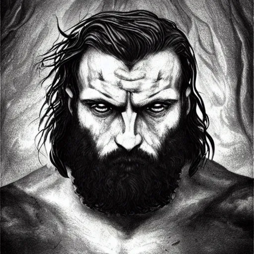 Image similar to painted portrait of rugged godly man in the ocean, god of war, black hair, masculine, powerful, handsome, upper body, white robe, muscular, extremely hairy torso!, fantasy, intricate, scar across eye, highly detailed!!, digital painting!, artstation, concept art, smooth, sharp focus!!!, illustration, art by leonardo da vinci