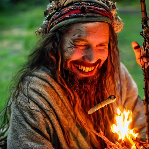 Image similar to hippie tribal hobo witch doctor wearing twigs and leaves smiling sheepishly, campfire, bong, water pipe, highly detailed, dramatic lighting, night time, cinematic, hyperrealistic, detailed, movie still from game of thrones