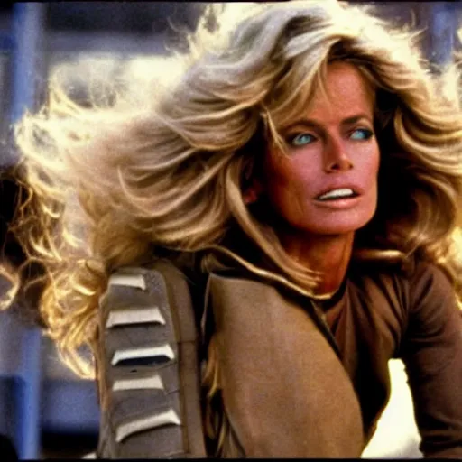 Image similar to movie still, 1 9 8 0 s, sci - fi farrah fawcett in combat suit, hyperdetailed, by ridley scott, john carpenter and vittorio storaro, blue lights