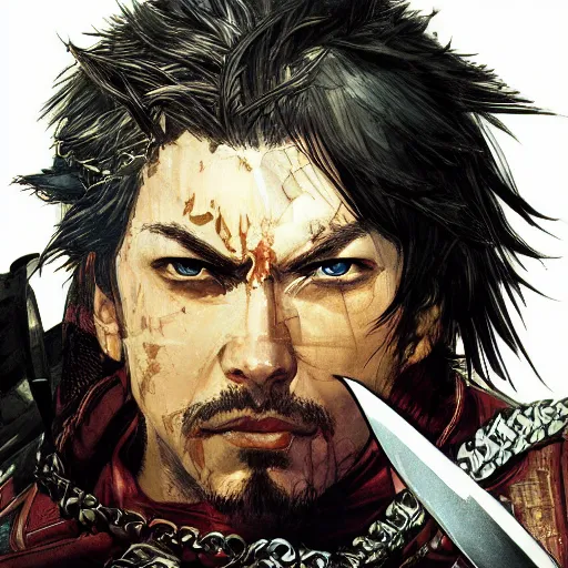 Image similar to portrait of a hero holding his sword in front of his face by yoji shinkawa, high quality, extra details, realism, ornate, colored, golden chain, blood, white skin, short hair, brown eyes, vivid, sunlight, dynamic,