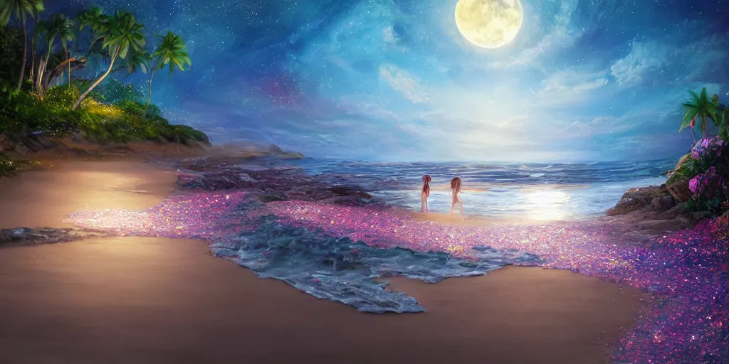 Image similar to a single glittering fairy beach cove at night full of crystals and magical glowing sea shells along the shore, a full moon, water and colorful flowers, extremely detailed oil painting, unreal 5 render, fantasy digital art, octane render, beautiful composition, trending on artstation, award-winning photograph, masterpiece