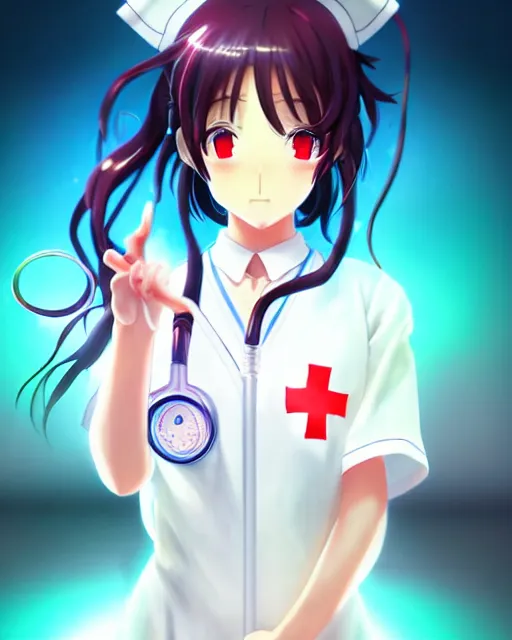 Image similar to anime style, vivid, expressive, full body, 4 k, painting, a cute magical girl with a long wavy black hair wearing a nurse outfit, stunning, realistic light and shadow effects, centered, simple background, studio ghibly makoto shinkai yuji yamaguchi