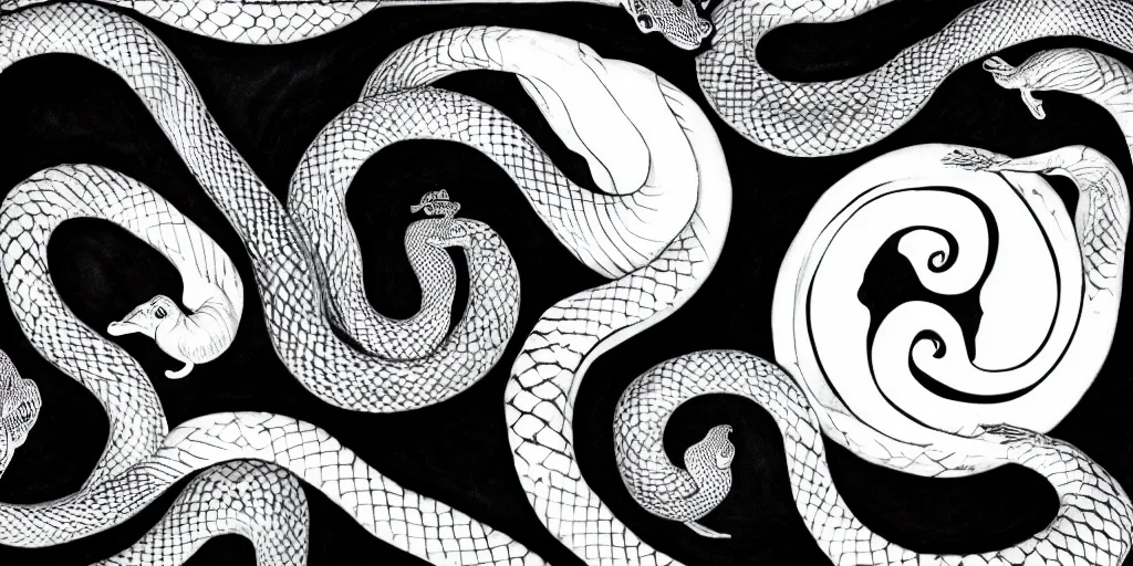 Image similar to realistic scene of snakes as ying yang, white and black, 1 4 5 0, ink, ultra realistic, 8 k