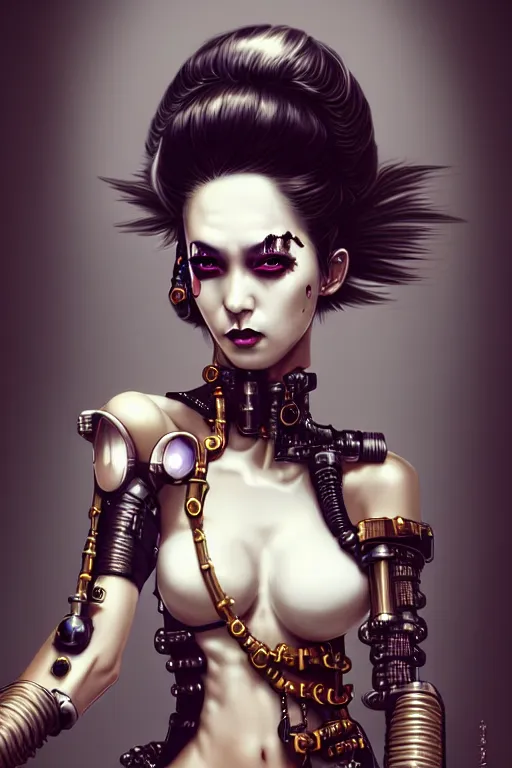 Image similar to soft lustrous ivory ebony geisha yakuza raver gutter punk gothic biotech steampunk cyborg, golden ratio, details, scifi, fantasy, cyberpunk, intricate, decadent, highly detailed, digital painting, octane render, artstation, concept art, smooth, sharp focus, illustration, art by artgerm, loish, wlop
