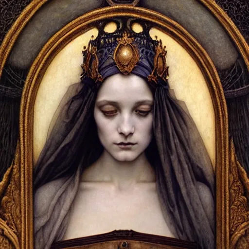 Image similar to detailed realistic beautiful young medieval queen face portrait by jean delville, tom bagshaw, brooke shaden, gustave dore and marco mazzoni, art nouveau, symbolist, visionary, gothic, pre - raphaelite, ornate gilded medieval icon, surreality, ethereal, unearthly, haunting, celestial, neo - gothic, ghostly, memento mori, enigmatic