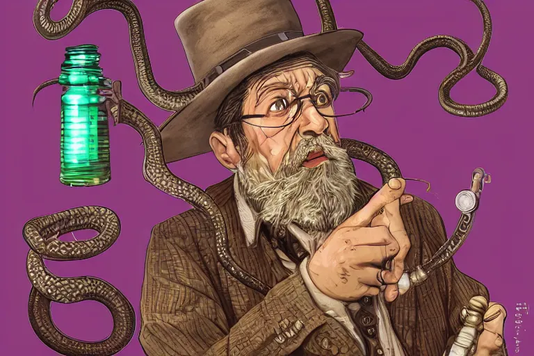 Image similar to Uncle Aloysius, snake oil salesman, wild west crypto pharmaceutical industrialist apothecary alchemist tinkerer engineer, cute, fantasy, intricate, elegant, highly detailed, digital painting, 4k, HDR, concept art, smooth, sharp focus, illustration, purple green color scheme, art by Ed Roth and H R Giger and Greg Rutowski