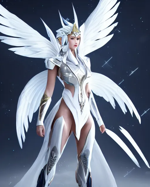 Image similar to perfect white haired attractive egyptian goddess with huge white dove wings, warframe armor, beautiful, symmetric, dreamy, half asian, pretty face, blue eyes, detailed, scifi platform, laboratory, experiment, 4 k, ultra realistic, epic lighting, android body, illuminated, cinematic, masterpiece, art by akihito tsukushi, voidstar