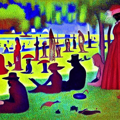 Image similar to a sunday afternoon on the island of la grande jatte, artwork of pedro bell, parliament, funkadelic, george clinton, bootsy collins, the mothership, chocolate city