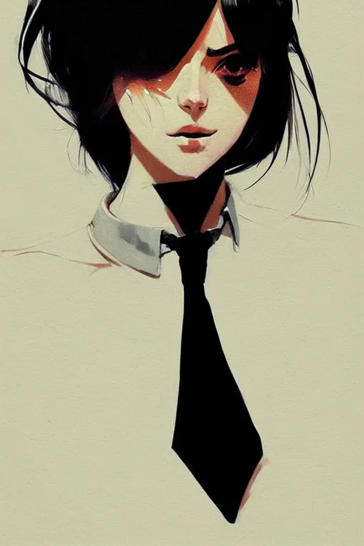 Image similar to a ultradetailed beautiful panting of a stylish woman wearing a shirt with a tie, she has black hair, by conrad roset, greg rutkowski and makoto shinkai, trending on artstation