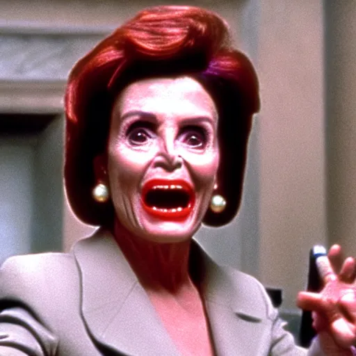 Image similar to film still of nancy pelosi as zuul in ghostbusters.