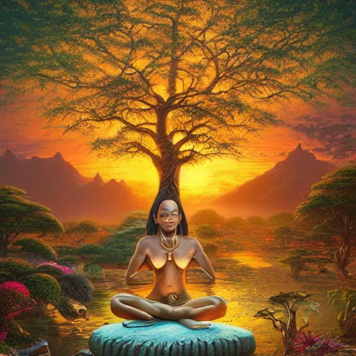 Prompt: a stunning aftican woman with a golden glow meditating in an african zen garden with a baobab tree at sunset, by dan mumford and thomas kinkade, oil on canvas