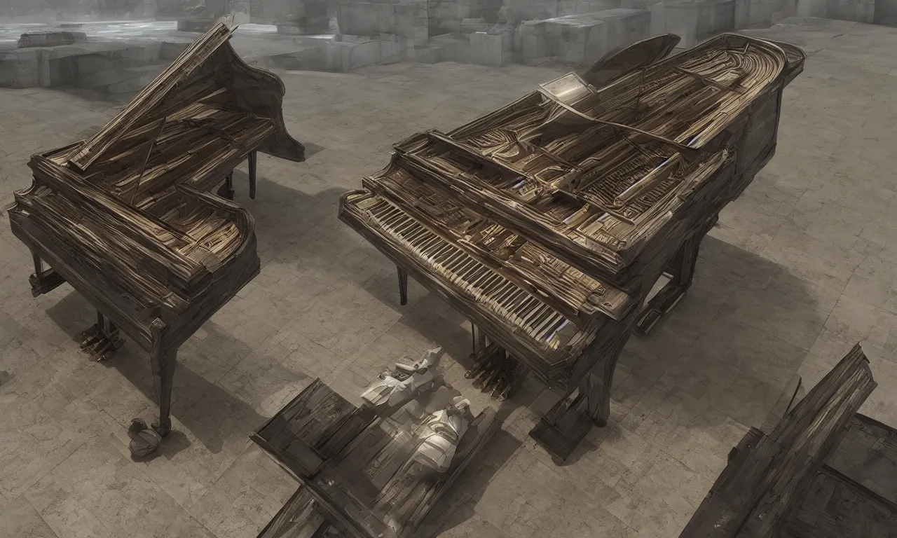 Prompt: piano, mech, unreal engine, 3D, highly detailed