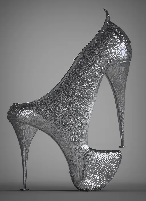 Image similar to beautiful ultra detailed 3d render of a high heel made out of chrome metal material in style of a dragon burst, artstation