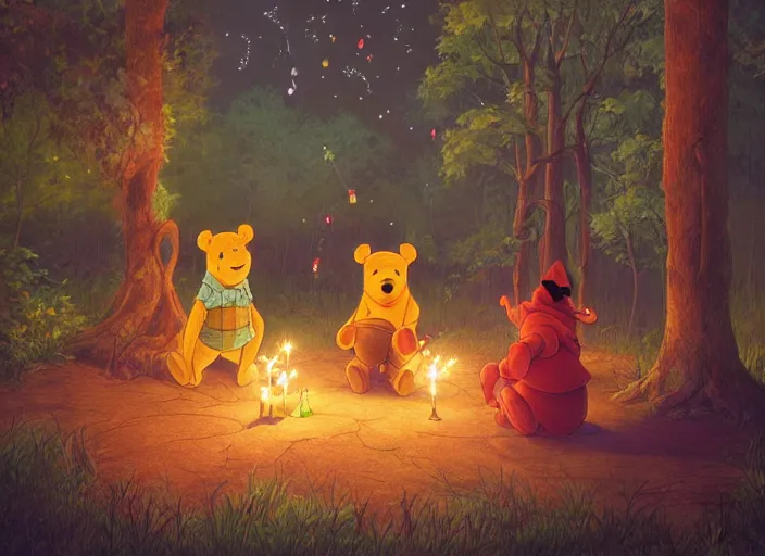 Prompt: concept art of a birthday party in the woods at night with winnie the pooh characters, paper lanterns and fairy lights, detailed, realistic, cel shaded, in the style of makoto shinkai and moebius and peter mohrbacher and james gurney