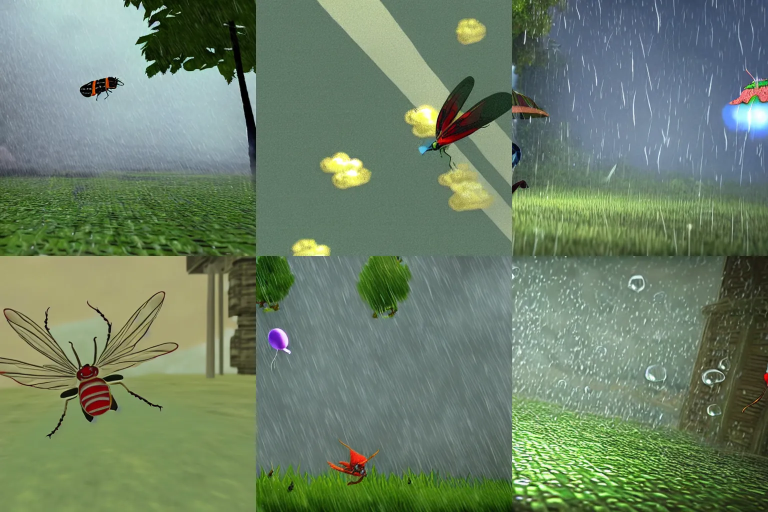 Prompt: Screen shot of a flying bug trying to dodge between raindrops in the game Rain Hell (2008) for PS3