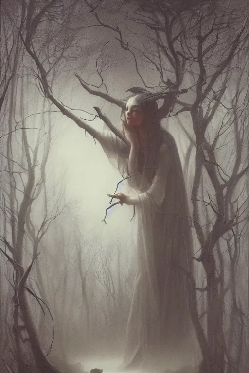 Prompt: the witch amidst the mist in the dark forest by roberto ferri and beksinski in the style of tom bagshaw