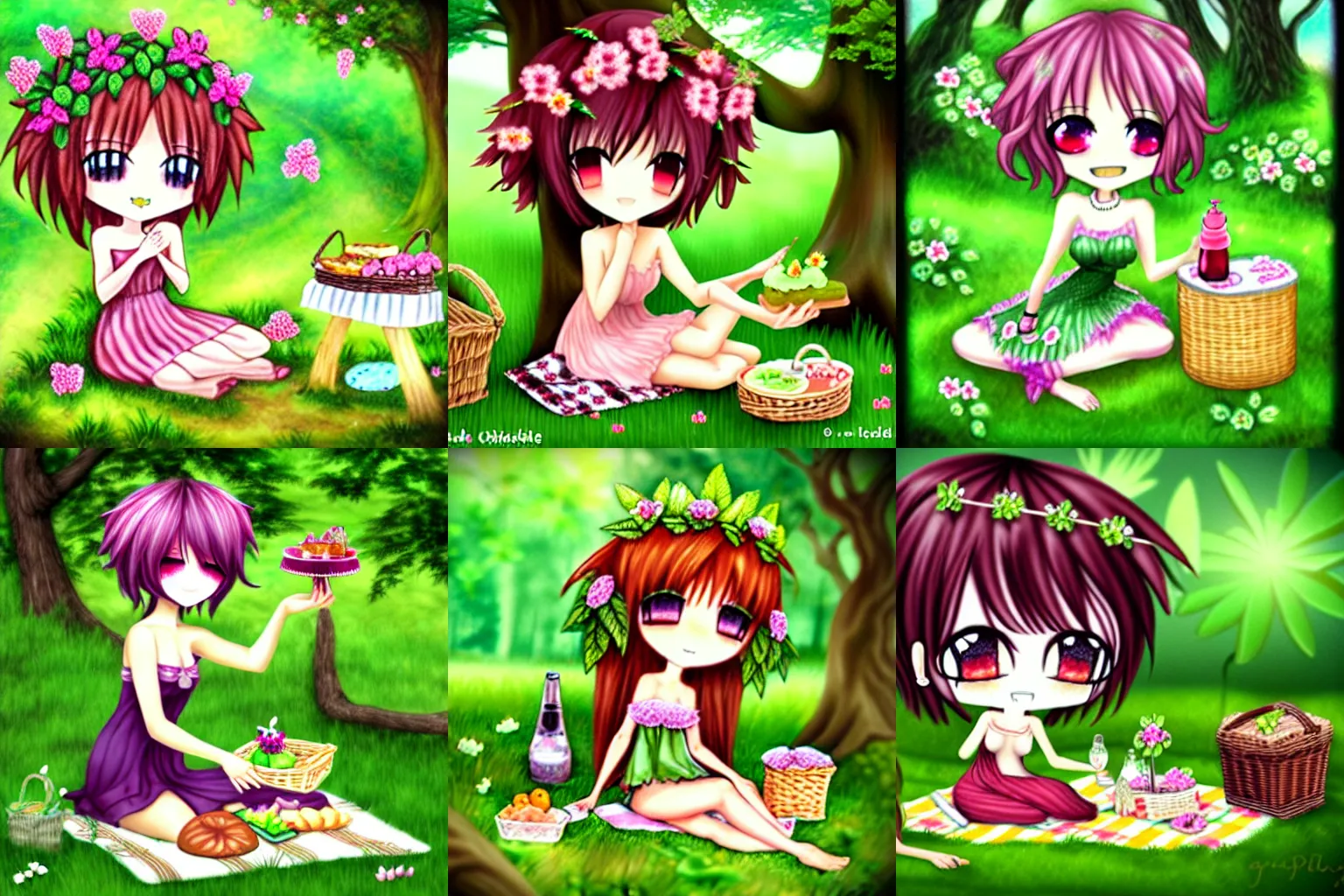 Prompt: cute chibi dryad picnic