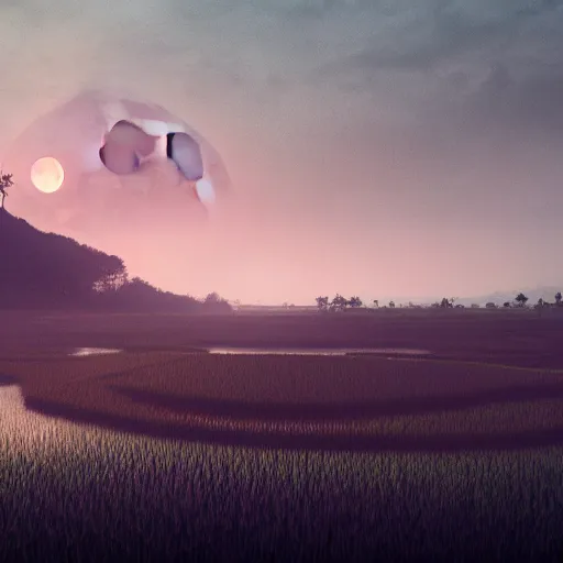 Prompt: A large blood moon rising over a rice paddy in Bali, concept art, matte painting, trending artstation, octane render, plague, apocalyptic 8k