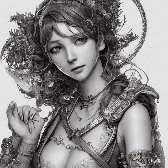 Image similar to studio portrait of neutral good colorful female cleric bard healer as absurdly beautiful, elegant, young skinny gravure idol, ultrafine hyperrealistic face illustration by kim jung gi, irakli nadar, intricate linework, sharp focus, bright colors, octopath traveler, final fantasy, unreal engine highly rendered, global illumination, radiant light, detailed intricate environment