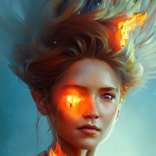 Image similar to a beautiful portrait of a fire goddess, flaming background, a detailed painting by greg rutkowski and raymond swanland, featured on cgsociety, fantasy art, detailed painting, artstation hd, photorealistic