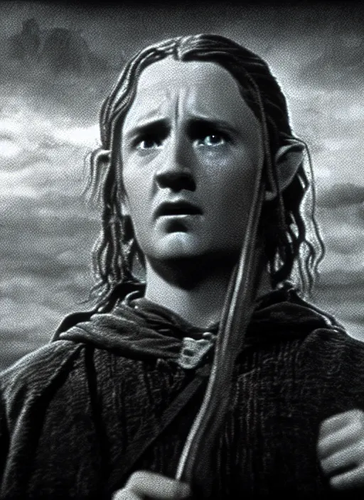 Prompt: : A still frame from the film Lord of the Rings directed by Wes Anderson, 70mm, forest, black and white grainy film photography, chiaroscuro, highly detailed, masterpiece